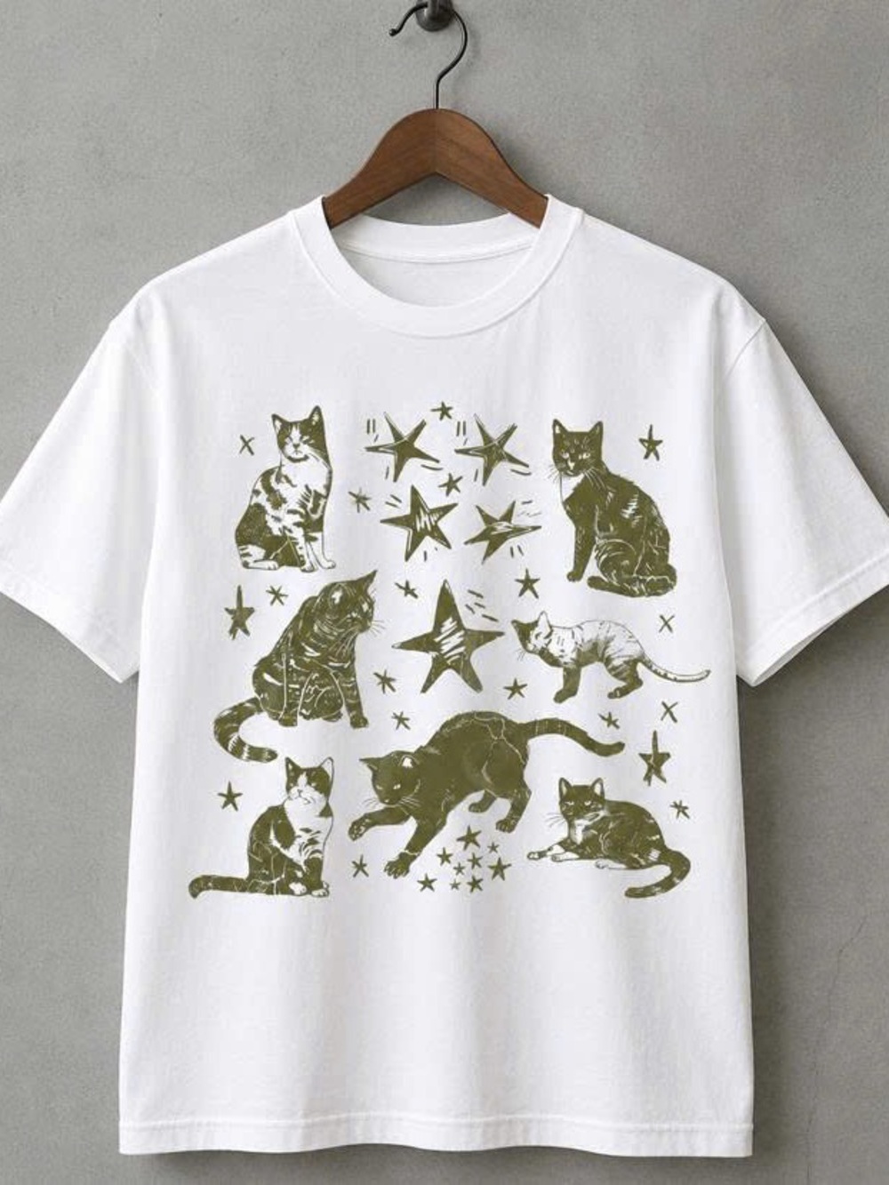 Cat Graphic Tee with Olive Green Print - Pets Cat